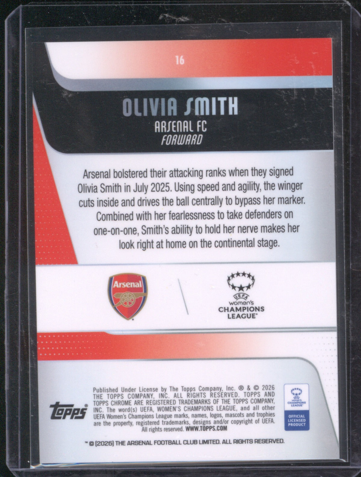 Olivia Smith 2025 Topps Chrome UEFA Women’s CL Blue Refractor RC 16/150