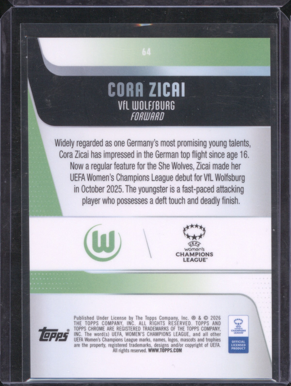 Cora Zicai 2025-26 Topps Chrome UEFA Women’s CL RC Aqua Wave 22/199