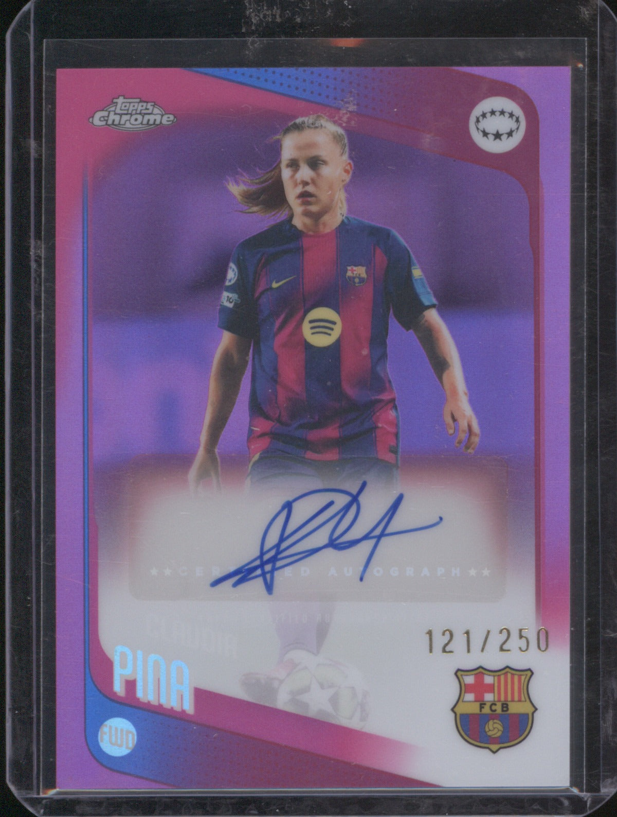 Claudia Pina 2025 Topps Chrome UEFA Women’s CL Pink Refractor Auto 121/250