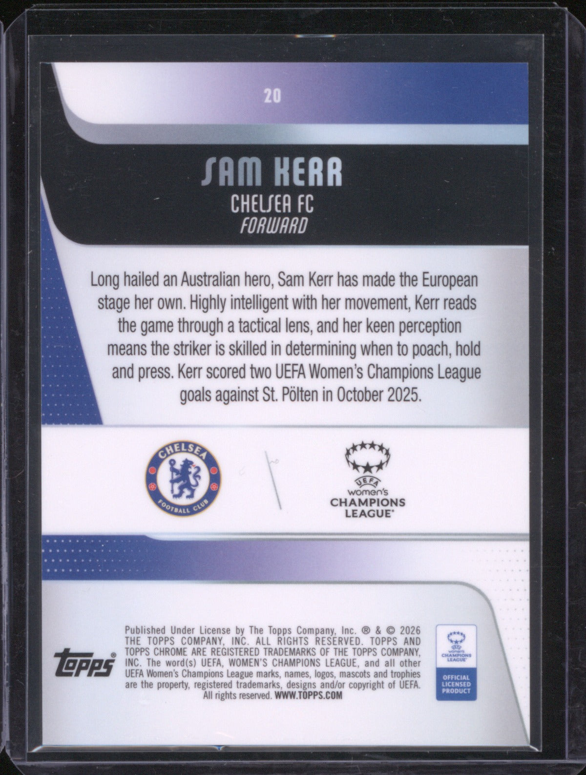 Sam Kerr 2025 Topps Chrome UEFA Women’s CL Gold Refractor 1/50