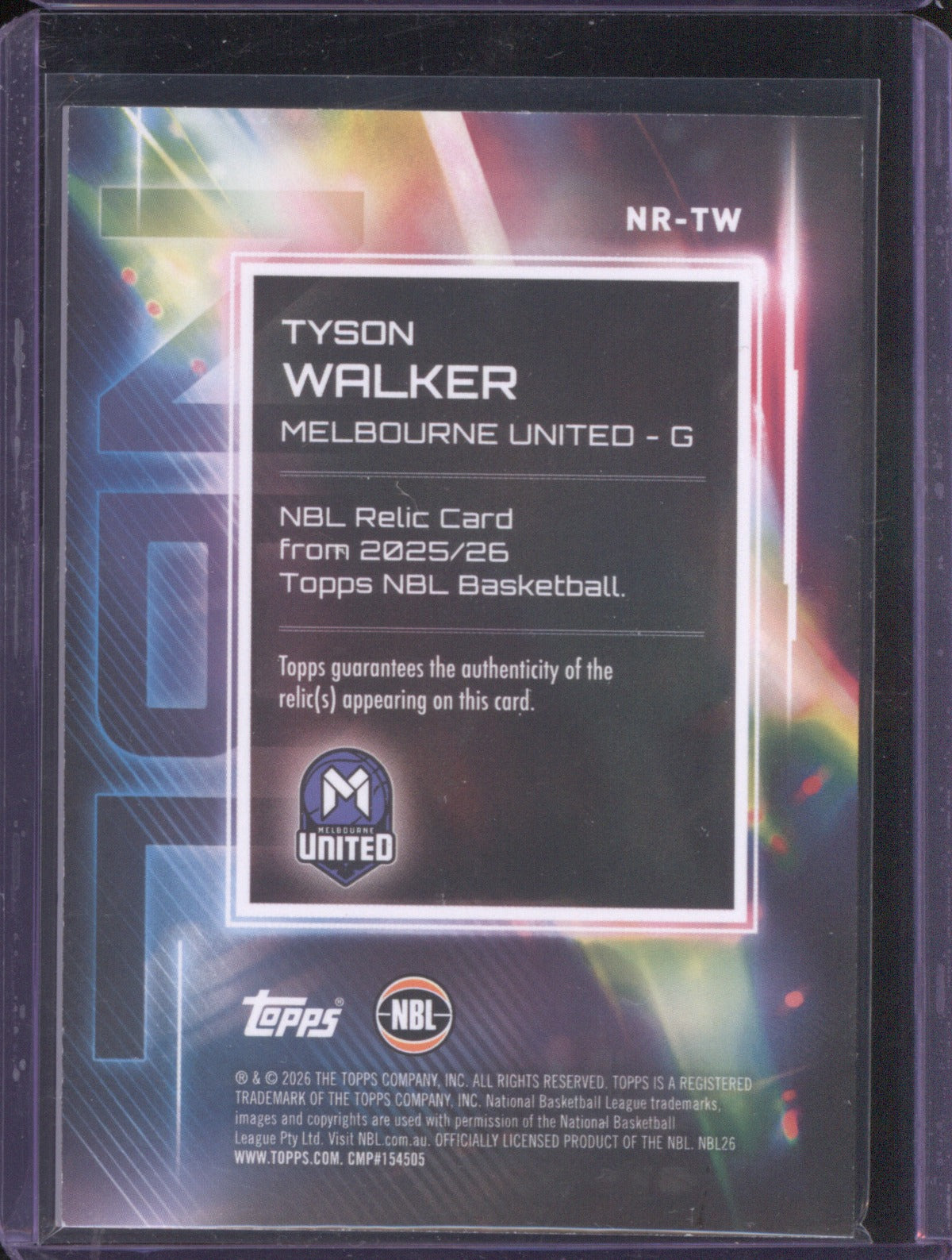 Tyson Walker 2025-26 Topps Basketball Relics Premium NR-TW Melbourne United /25