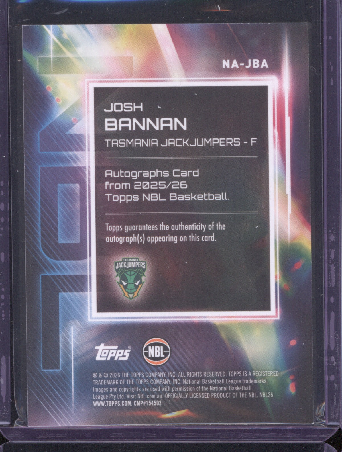 Josh Bannan 2025-26 Topps NBL Basketball Auto NA-JBA Tasmania JackJumpers