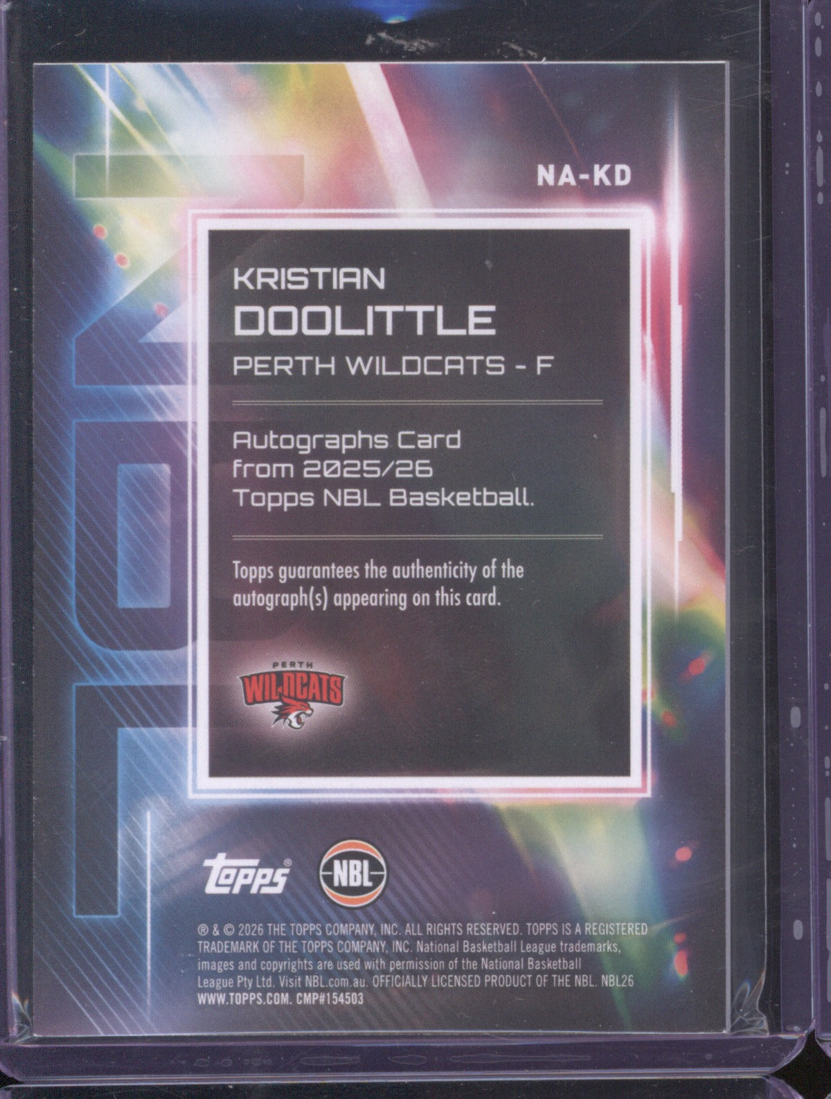 Kristian Doolittle 2025-26 Topps NBL Basketball Auto NA-KD Perth Wildcats
