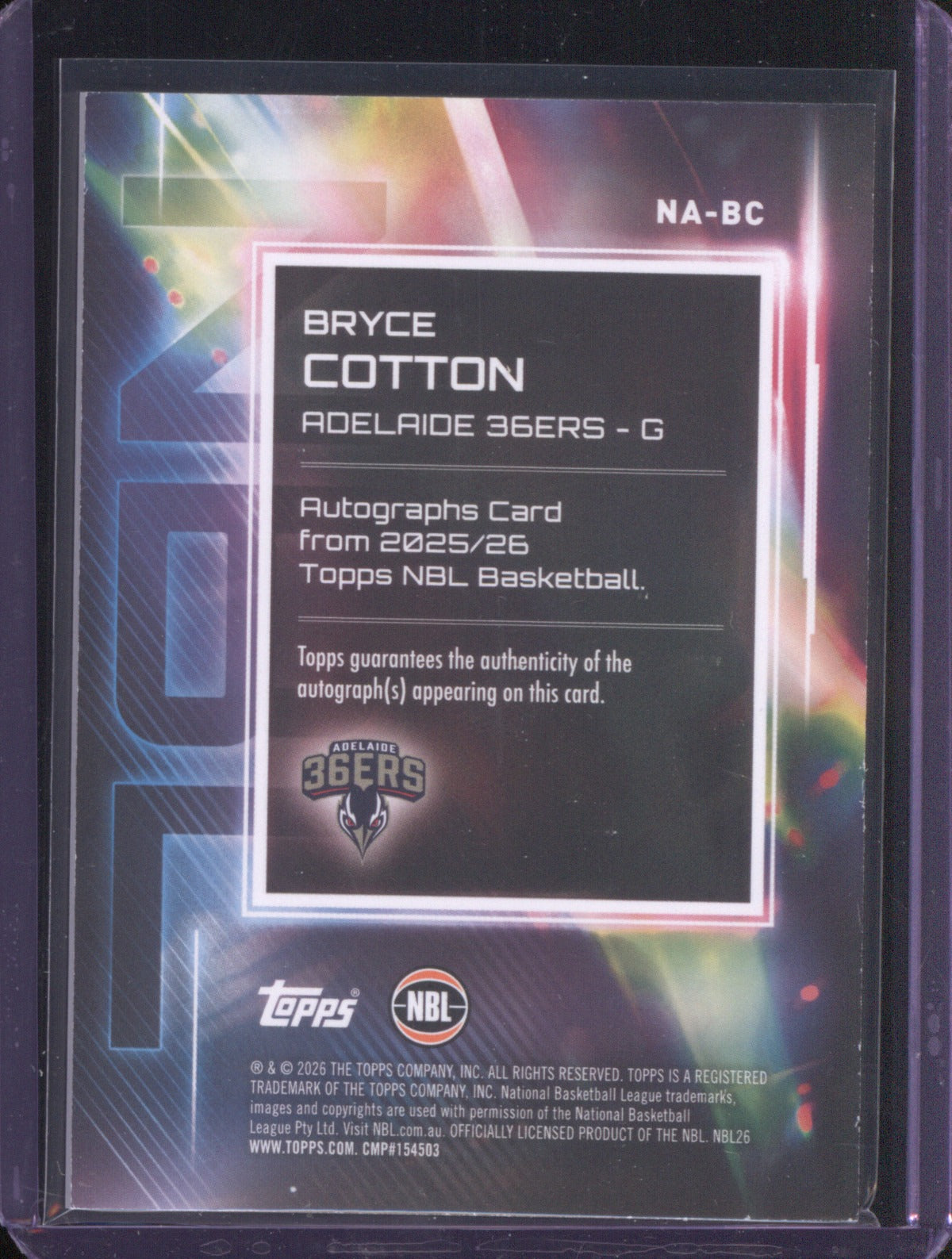 Bryce Cotton 2025-26 Topps NBL Basketball Auto NA-BC Adelaide 36ers