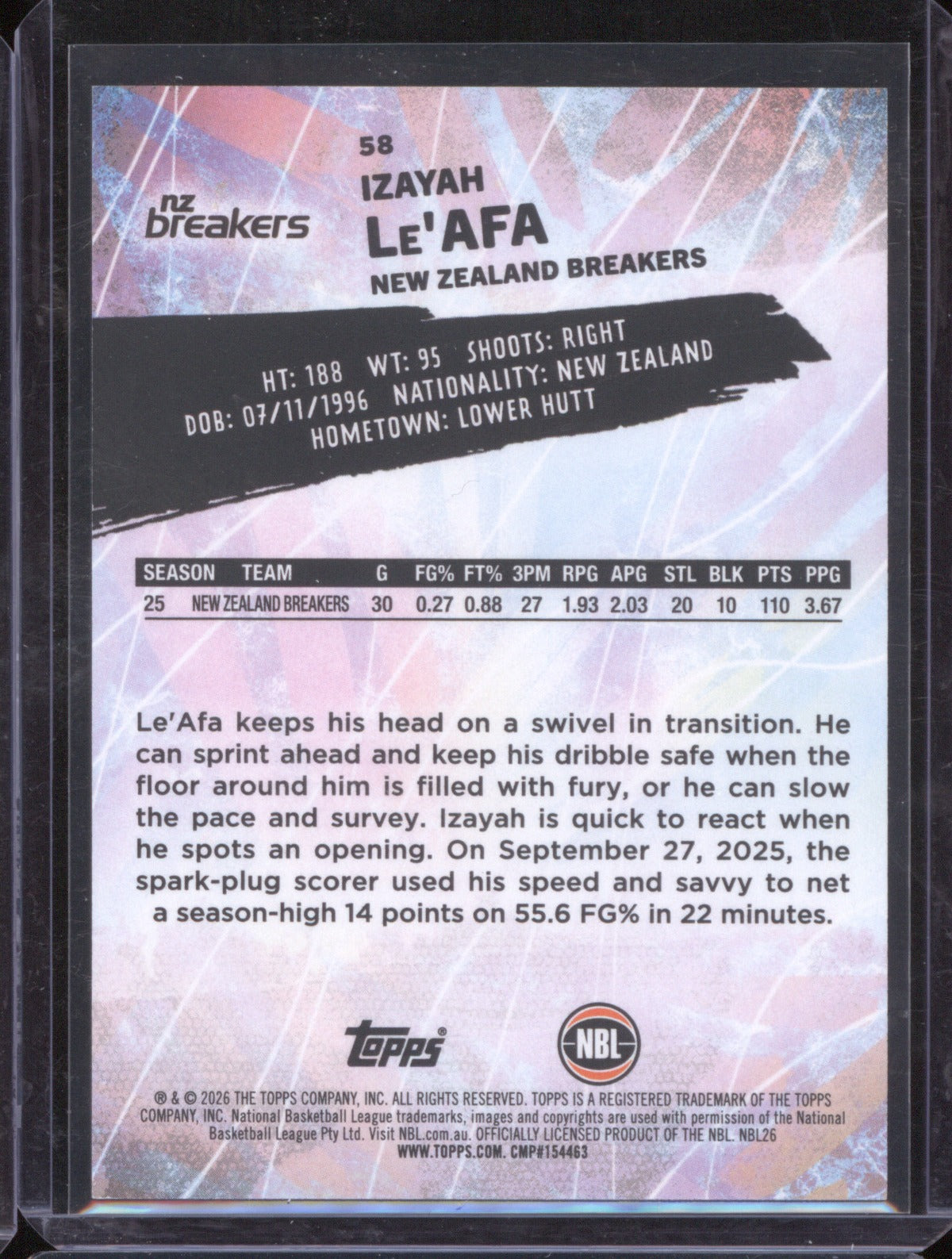 Izayah Le'Afa 2025-26 Topps Basketball Base Blue 58 NZ Breakers /75