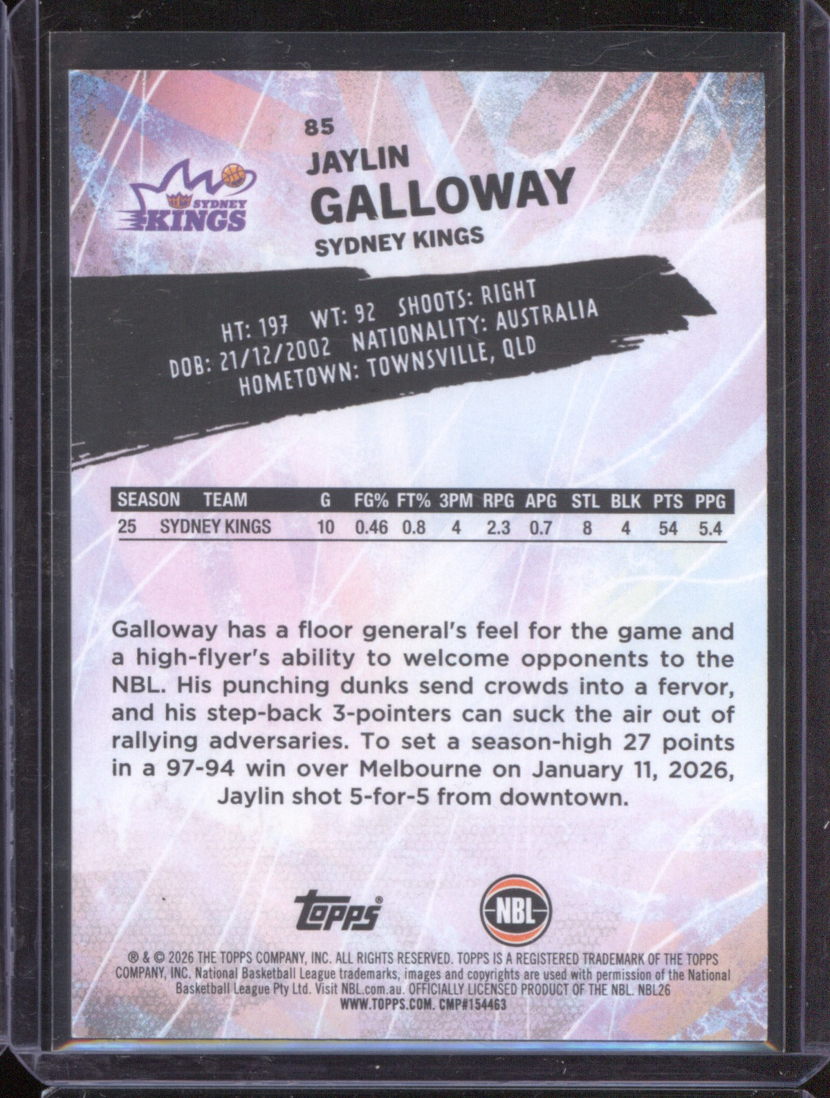 Jaylin Galloway 2025-26 Topps Basketball Base Gold 85 Sydney Kings /50