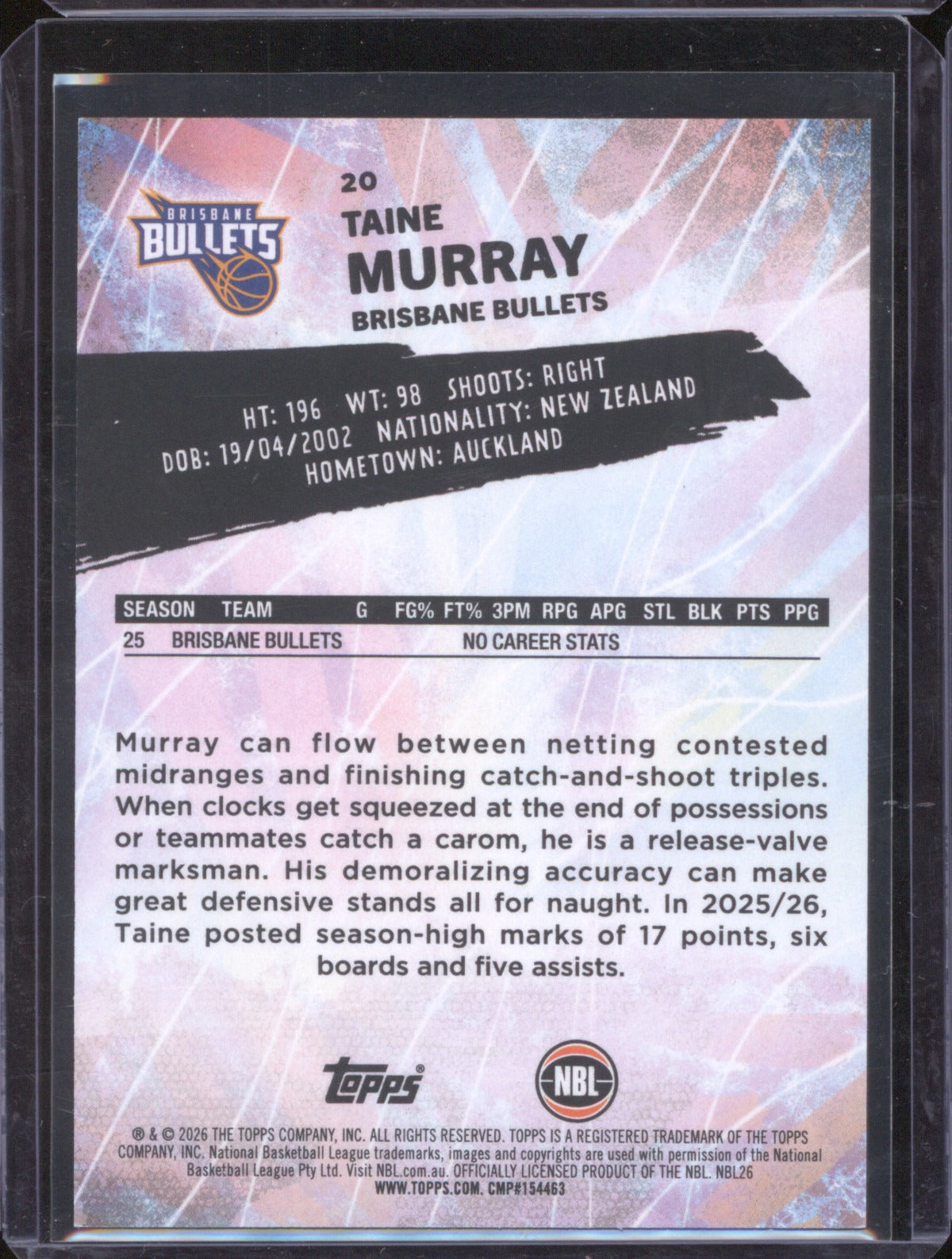 Taine Murray 2025-26 Topps Basketball Base Green 20 Brisbane Bullets /99