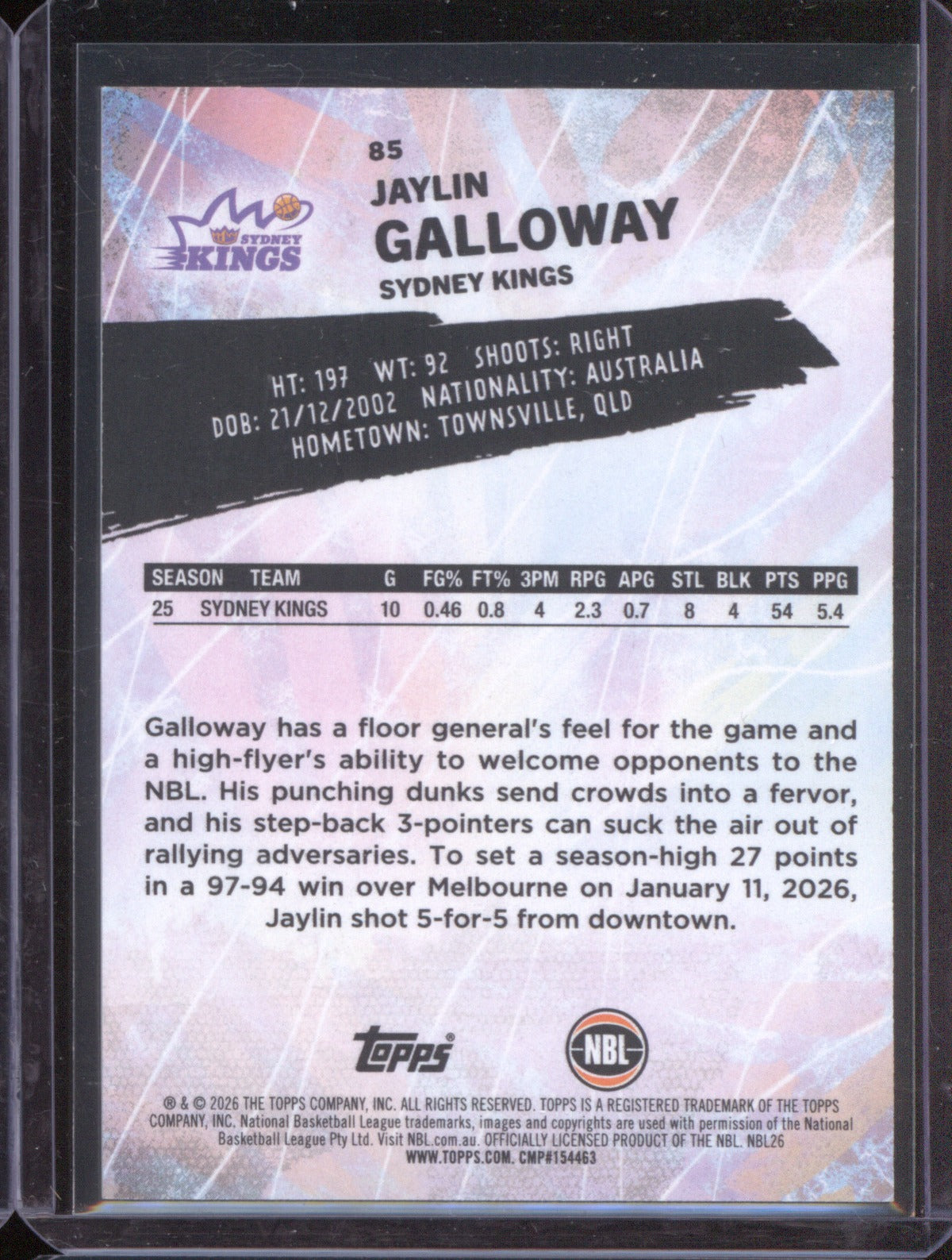 Jaylin Galloway 2025-26 Topps Basketball Base Green 85 Sydney Kings /99