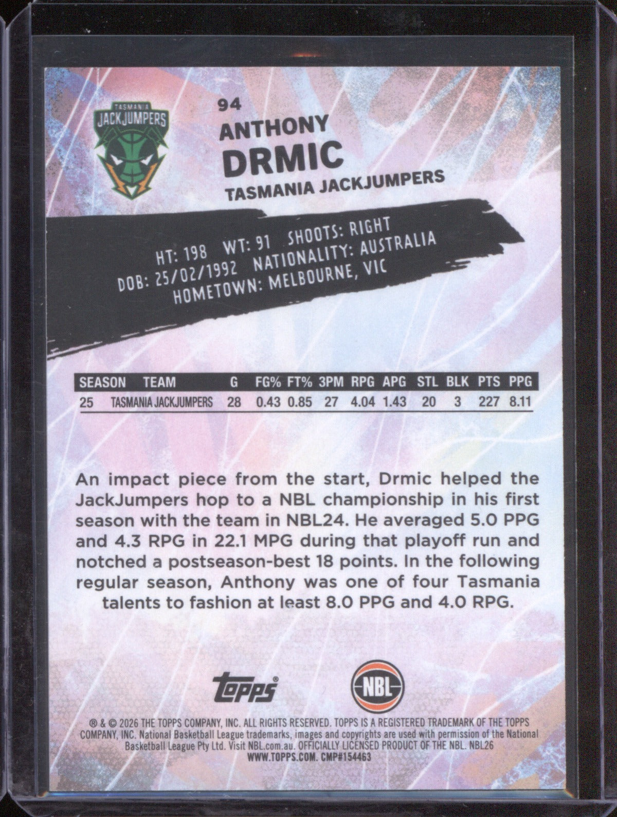 Anthony Drmic 2025-26 Topps NBL Basketball Base Orange 94 Tasmania /25