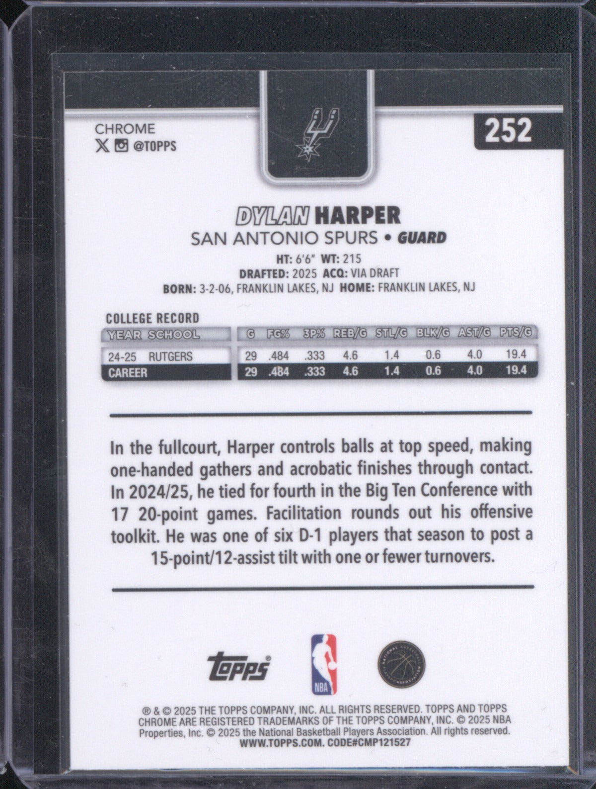 2025-26 Topps Chrome Dylan Harper 252 RC