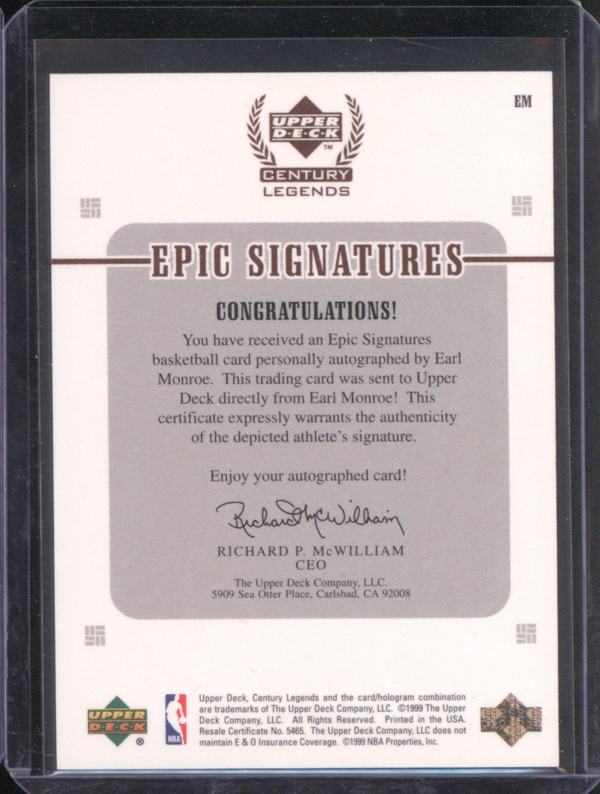 Earl Monroe 1999 Upper Deck Century Legends Epic Signatures