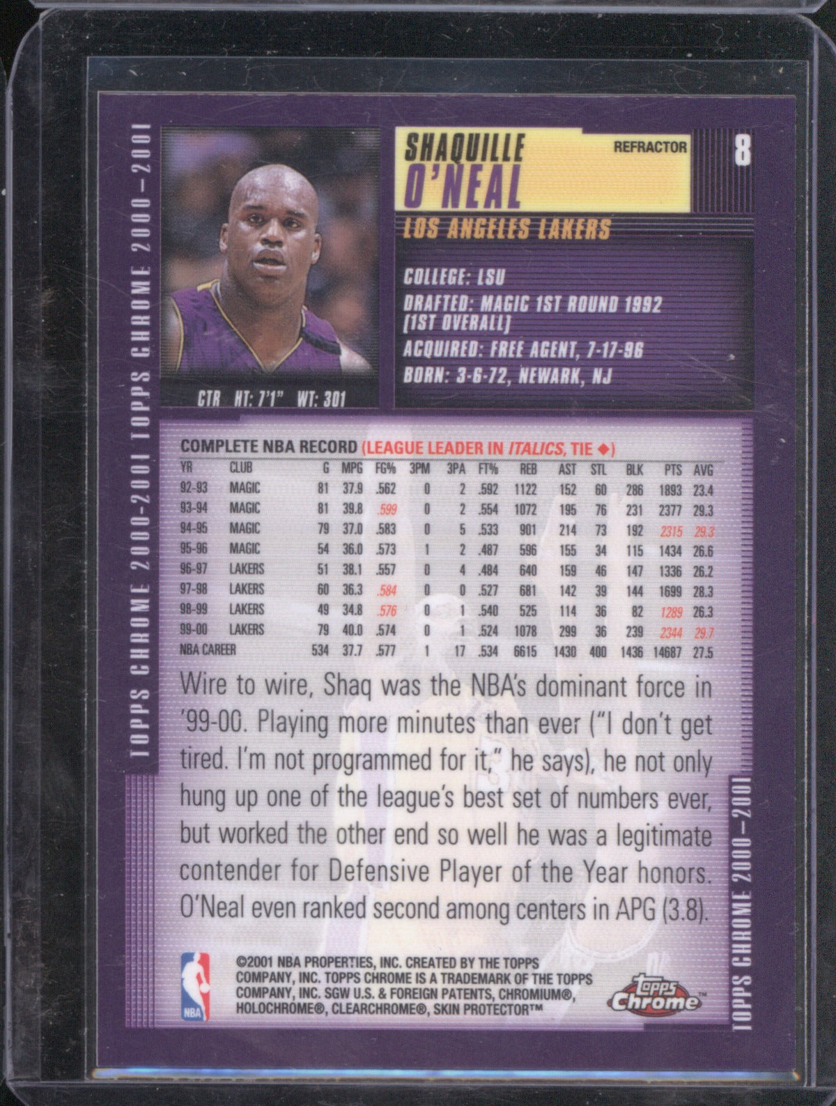 Shaquille O'Neal 2000 Topps Chrome 8 Refractor