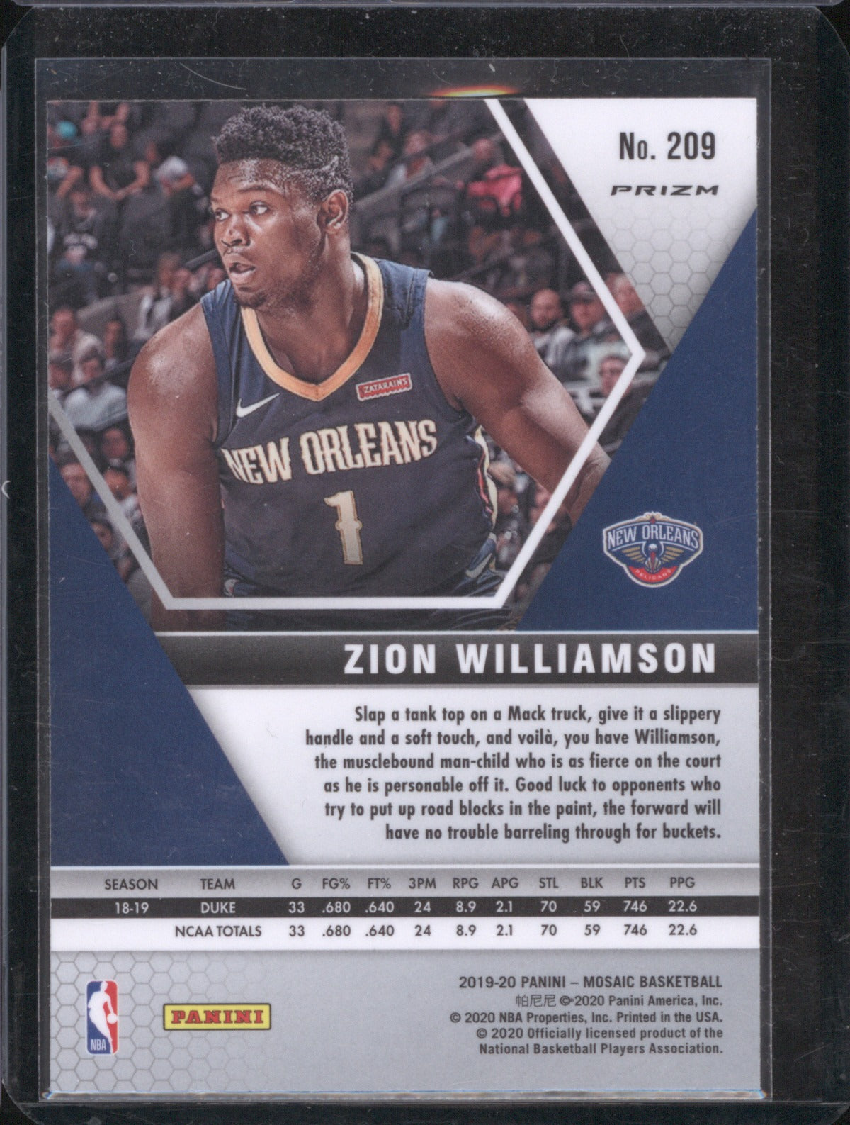 Zion Williamson 2019 Panini Mosaic 209 Silver Prizm