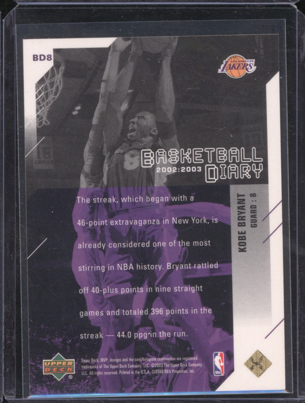 Kobe Bryant 2003 Upper Deck MVP BD8 Basketball Diary