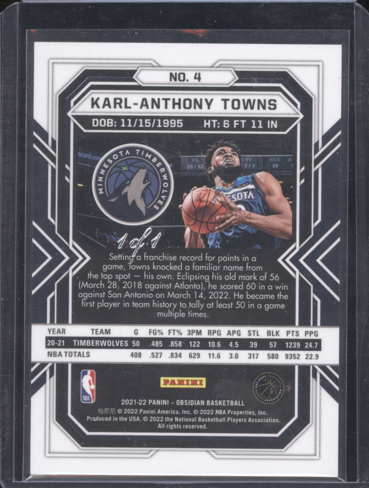 Karl-Anthony Towns 2021 Panini Obsidian White Mojo 1/1