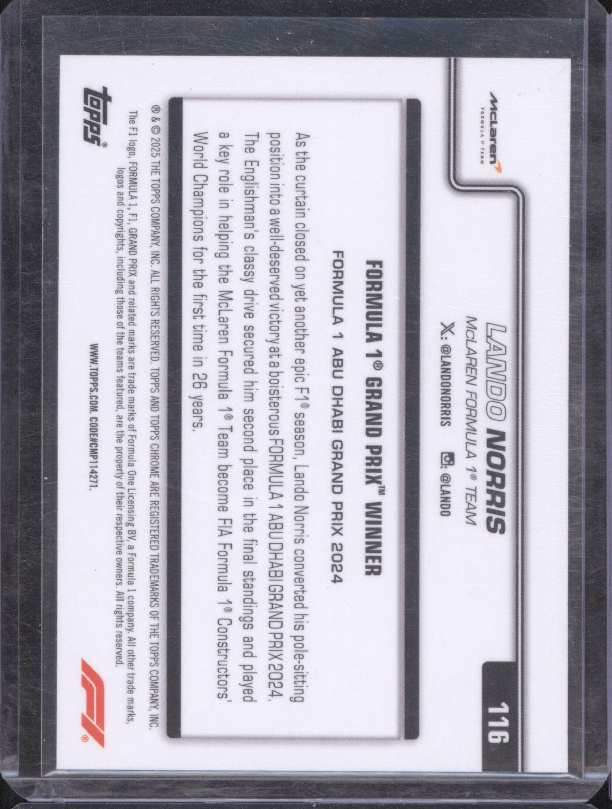 2025 Topps Chrome F1 Lando Norris Pink Raywave /250 Grand Prix Winner