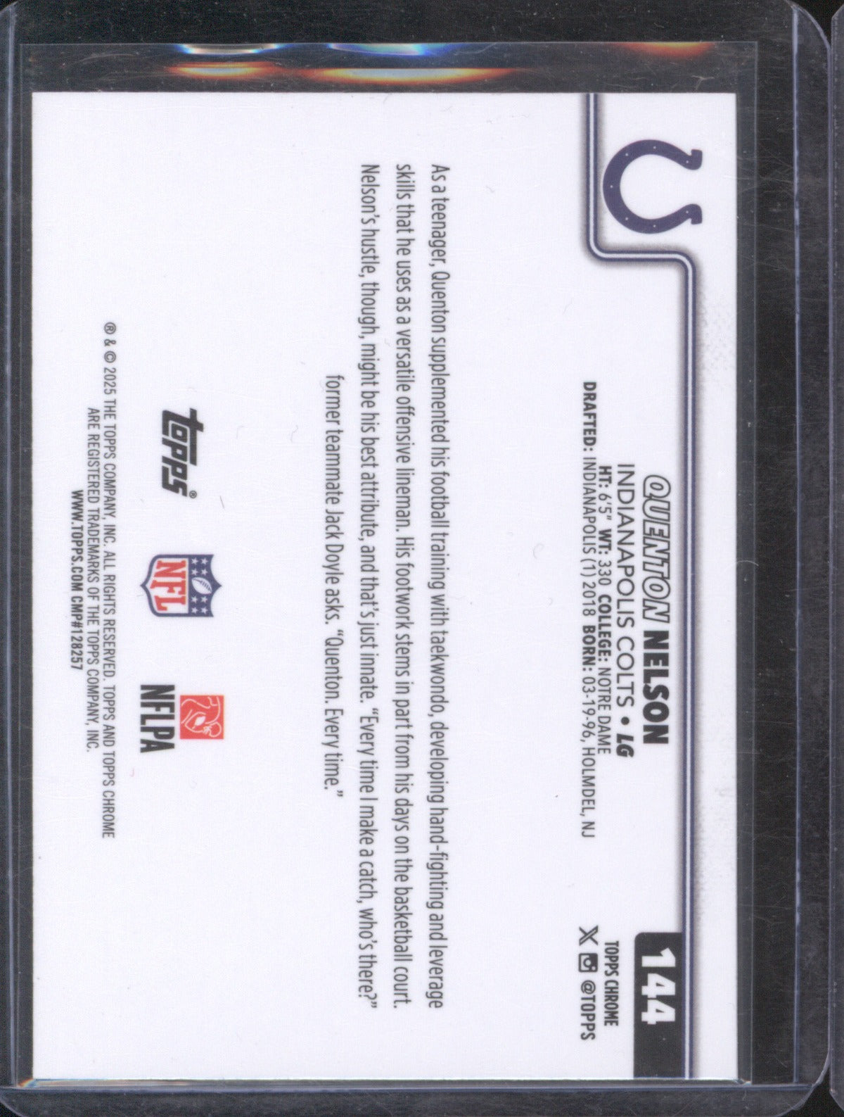 Quenton Nelson 2025 Topps Chrome 144 Blue Refractor /150