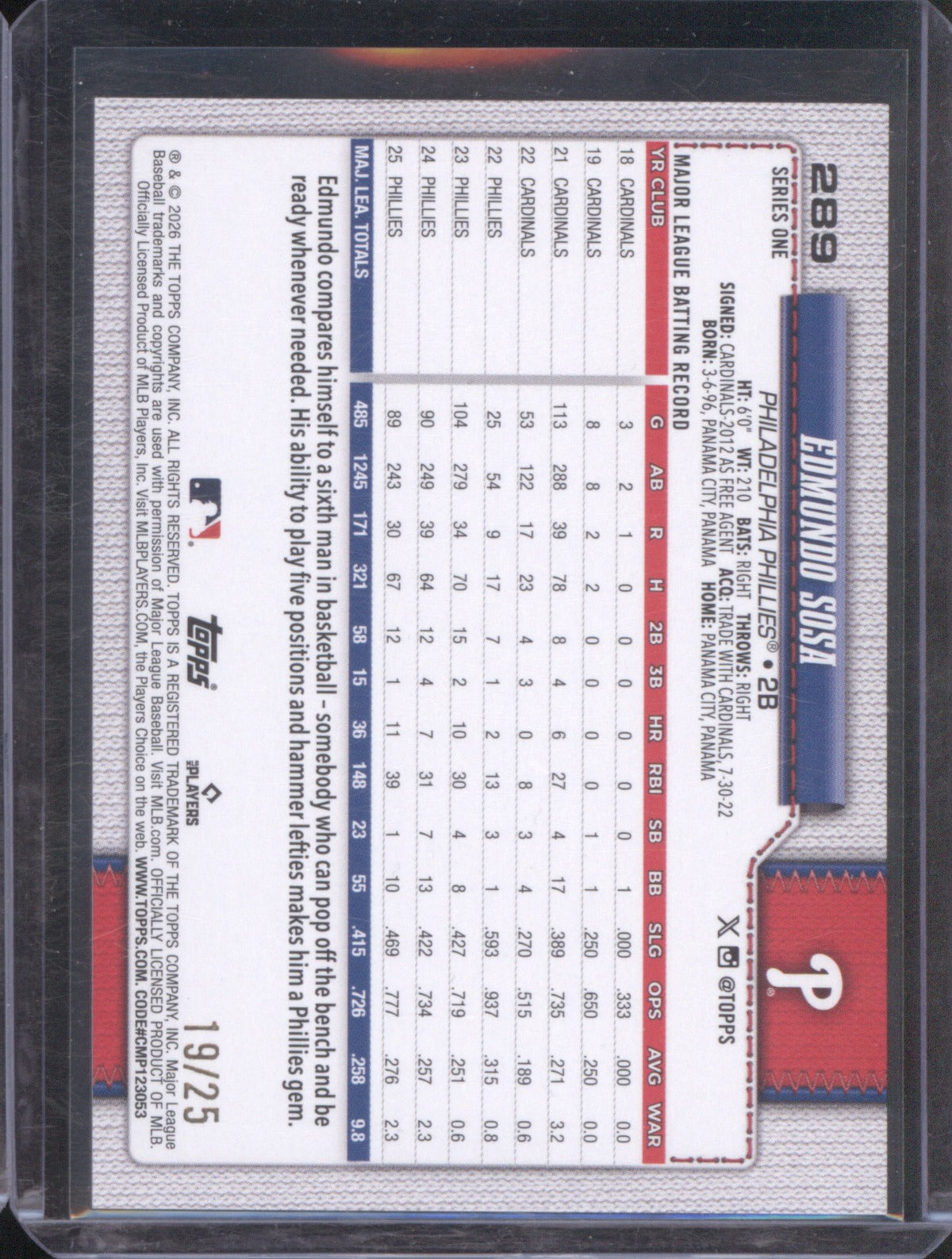 2026 Topps Series 1 Edmundo Sosa 289 Orange /25