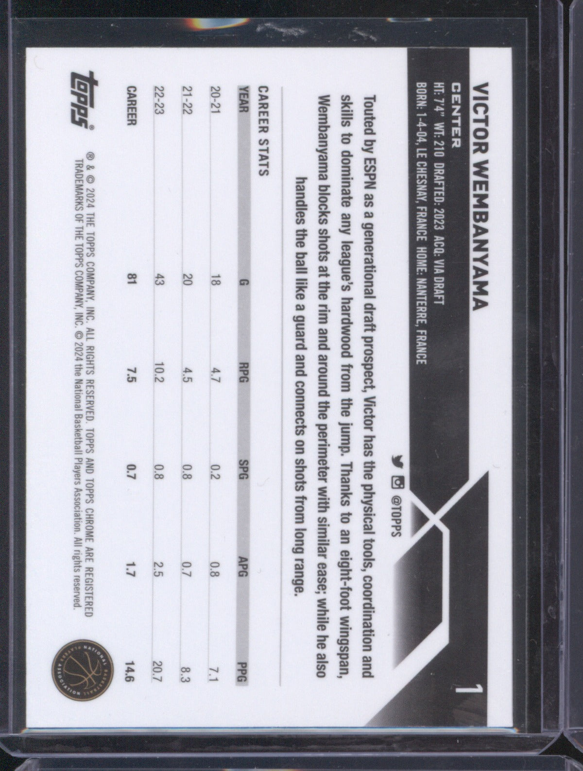 Victor Wembanyama 2023 Topps Chrome 1 Base RC
