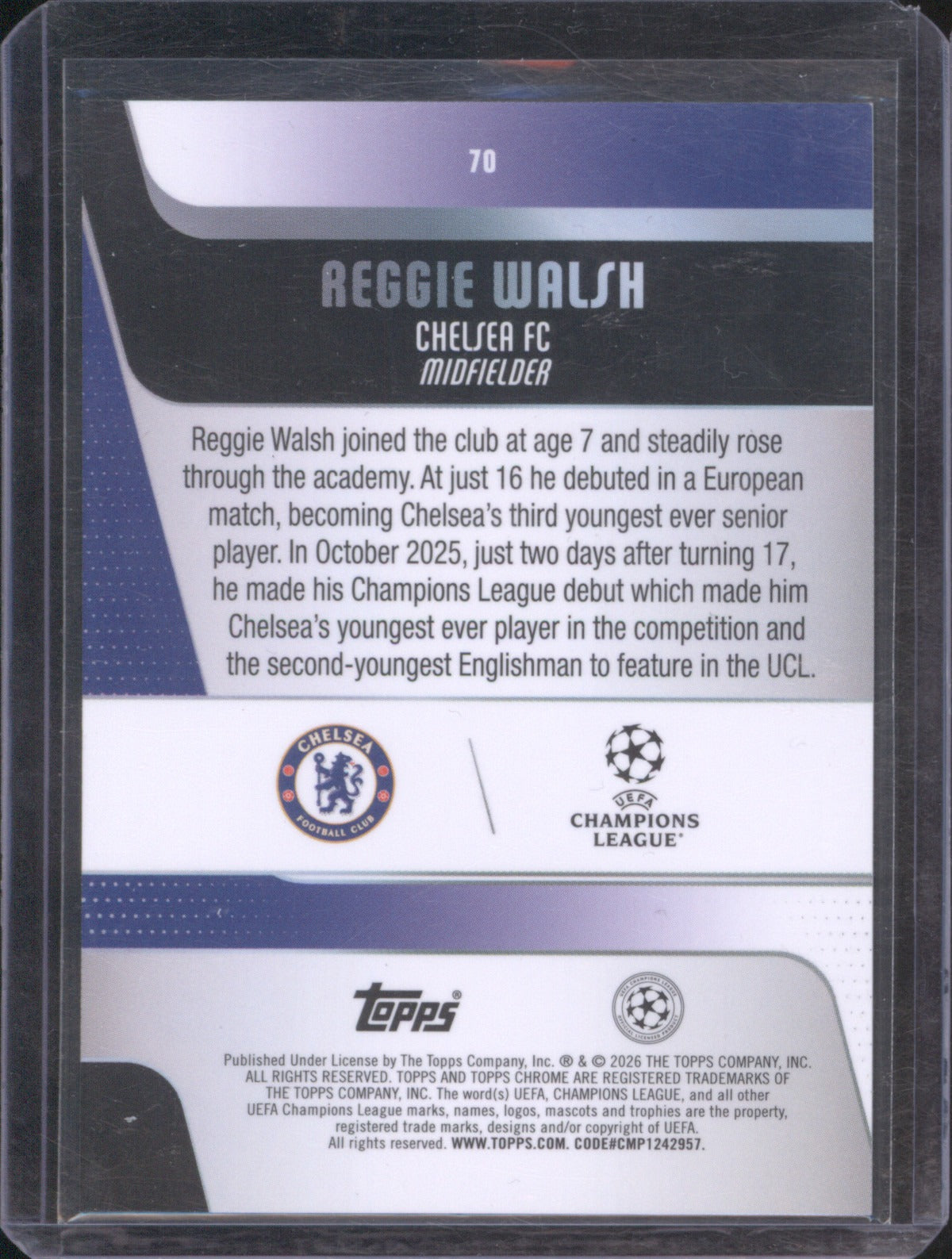 2025-26 Topps Chrome UCC Chelsea RC Reggie Walsh Green /99
