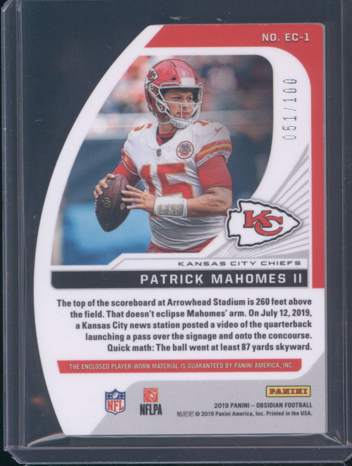 Patrick Mahomes II 2019 Panini Obsidian EC-1 Eclipse Jersey Die Cut 51/100