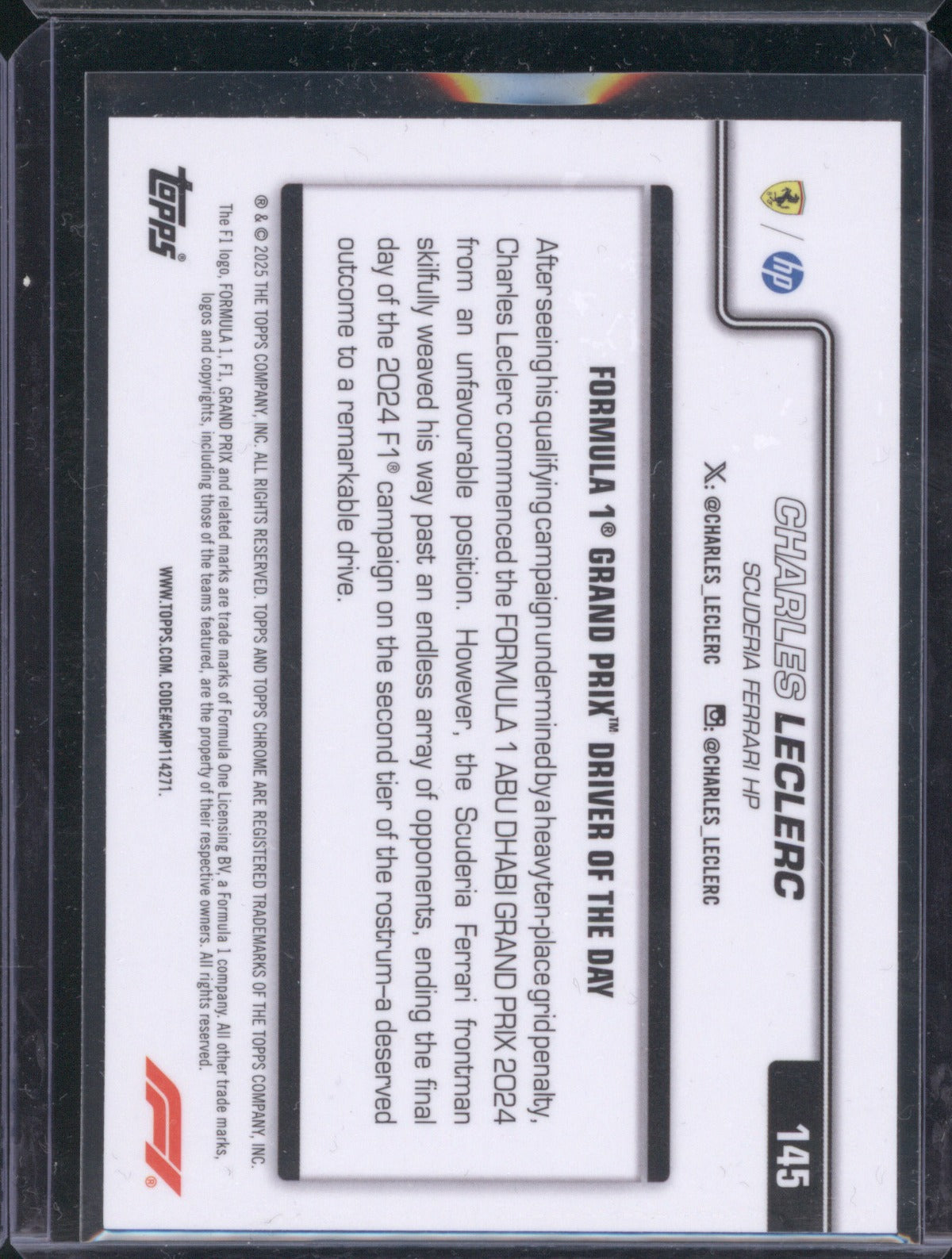 2025 Topps Chrome Formula 1 145 Charles Leclerc Teal Refractor 192/299