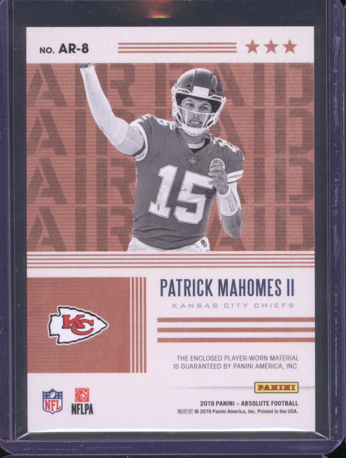 Patrick Mahomes II 2019 Panini Absolute Football AR-8 Air Raid Materials /199