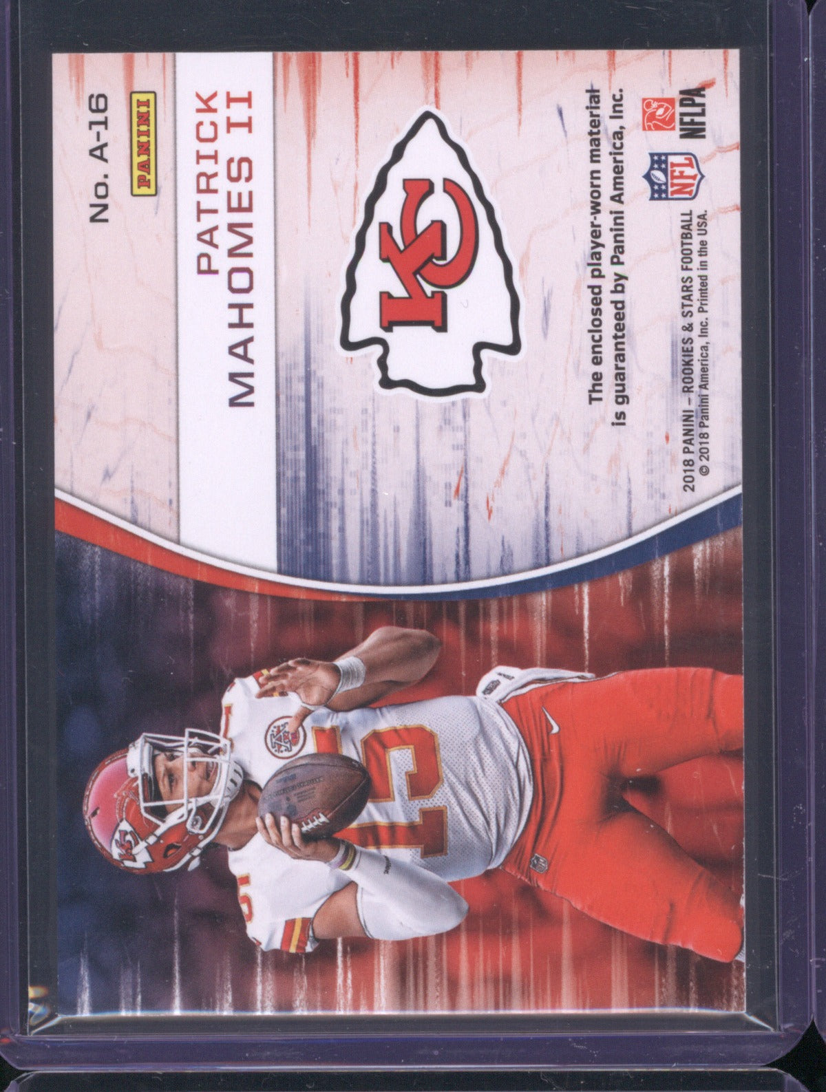 Patrick Mahomes II 2018 Panini Rookies & Stars A-16 NFL Authentic Jersey