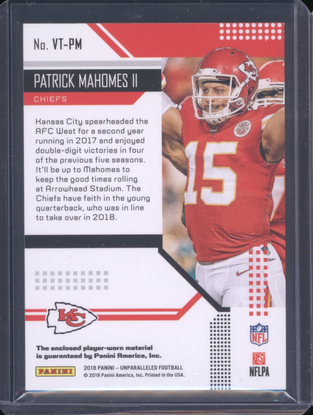 Patrick Mahomes II 2018 Panini Unparalleled VT-PM Victorious Jersey Relic