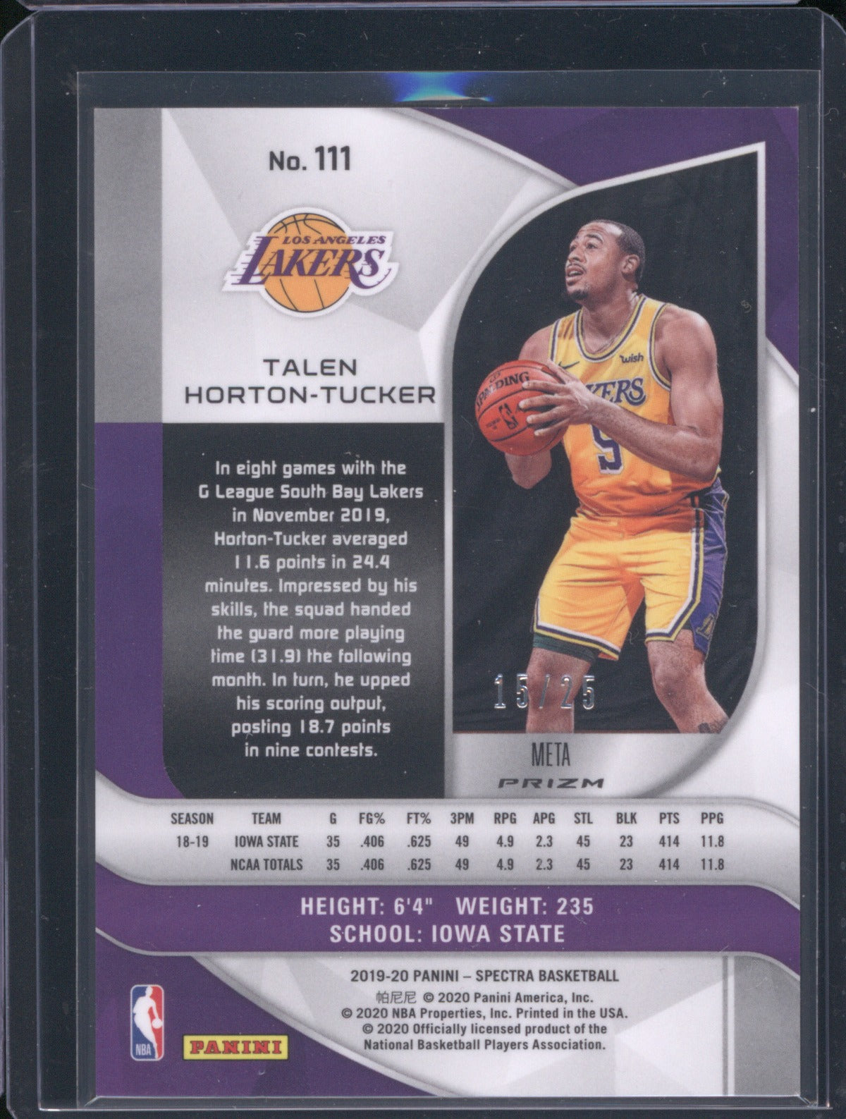 2019-20 Panini Spectra 111 Talen Horton-Tucker Meta 15/25 RC