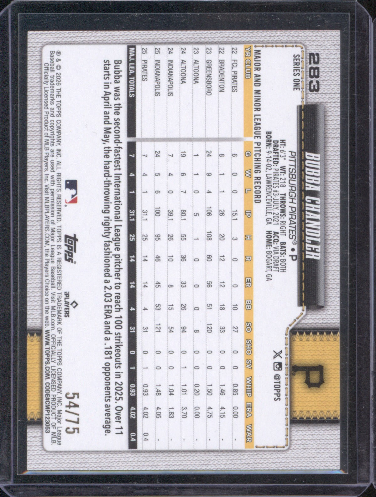 Bubba Chandler 2026 Topps Series 1 283 75 Years of 54/75 RC