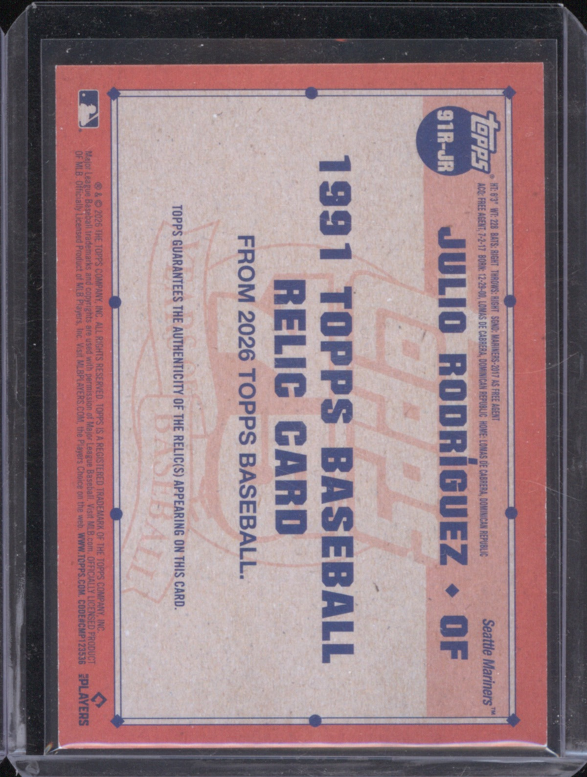 Julio Rodriguez 2026 Topps Series 1 91R-JR 1991 Relic Jersey Blue 6/150