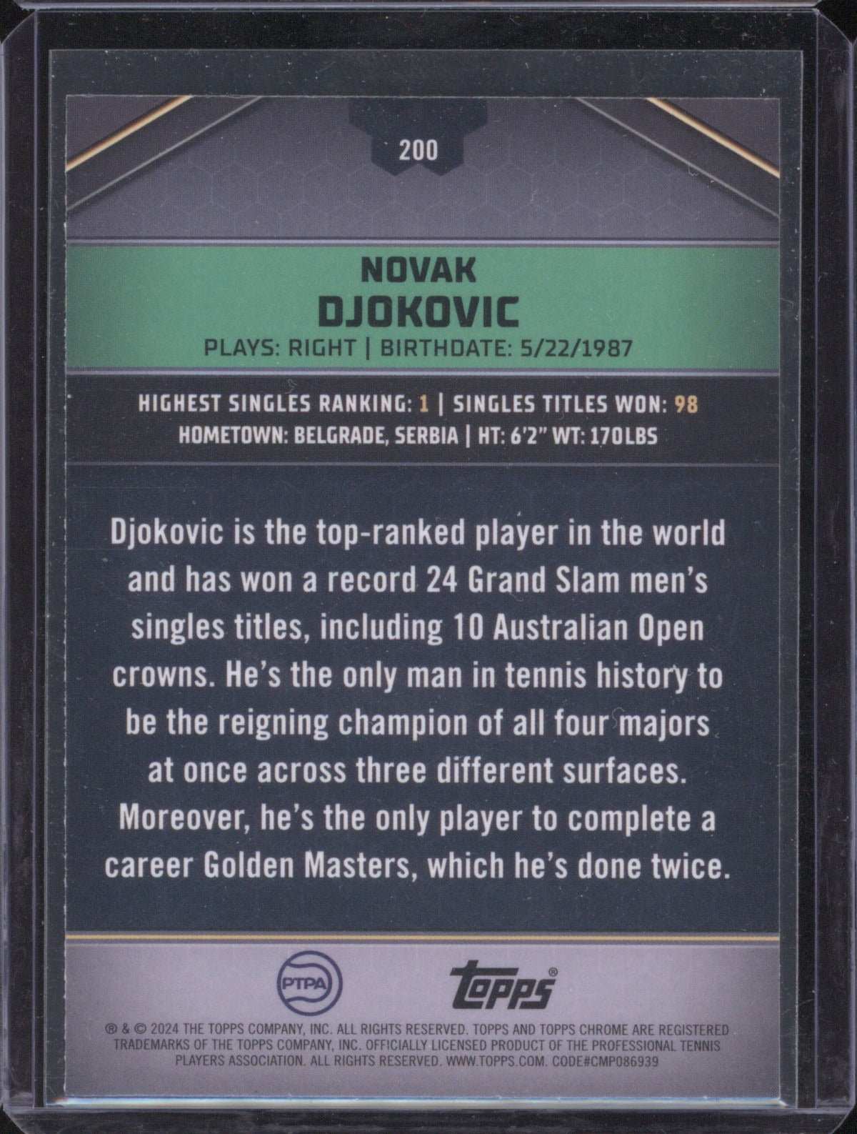 Novak Djokovic 2024 Topps Graphite Tennis 200 Aqua 143/199