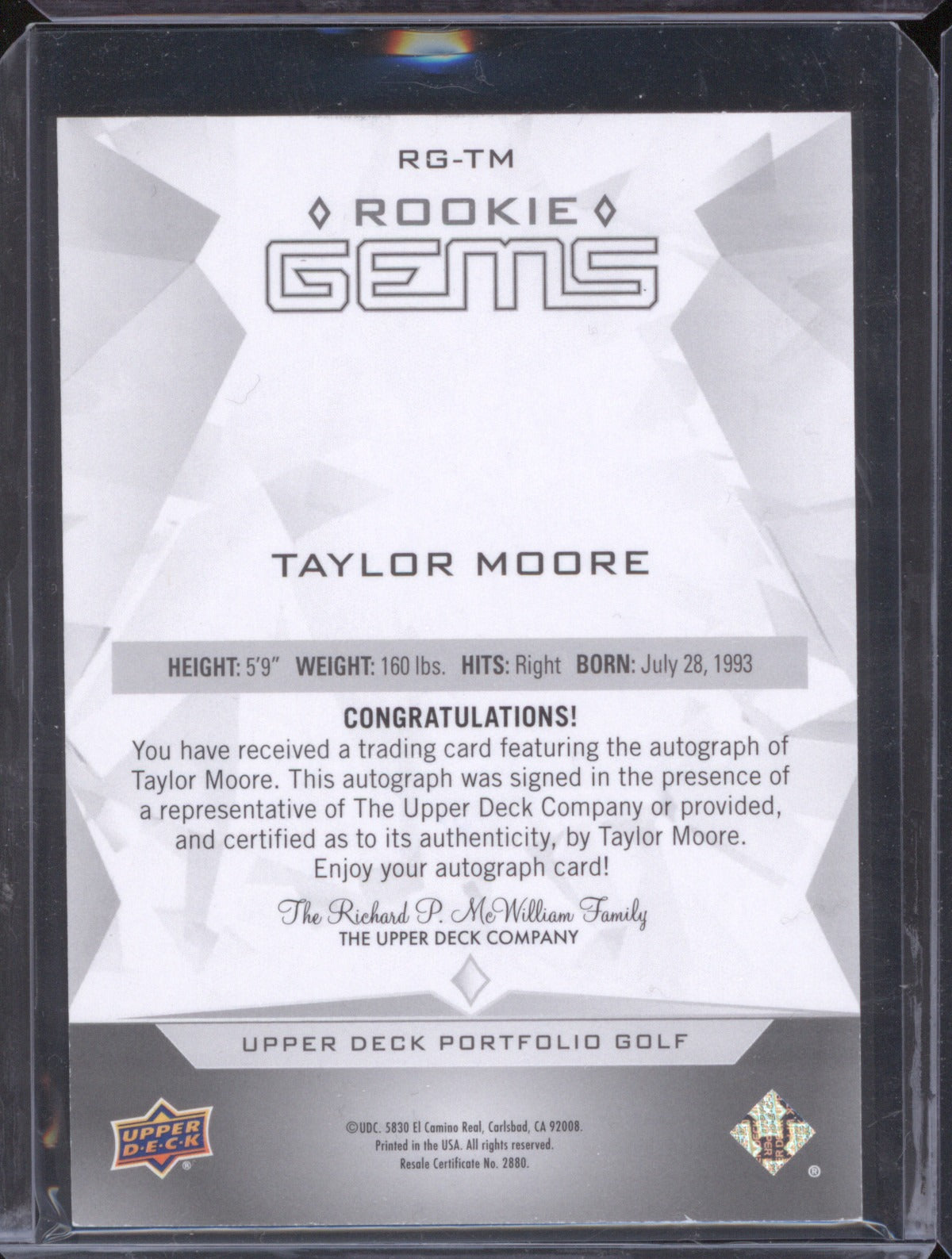Taylor Moore 2024 Upper Deck Portfolio Golf RG-TM Rookie Gems Auto 92/99