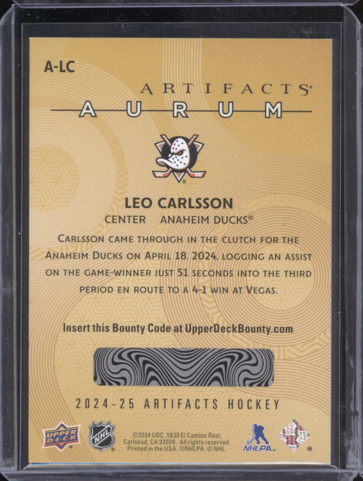 Leo Carlsson 2024-25 Upper Deck Artifacts A-LC Aurum