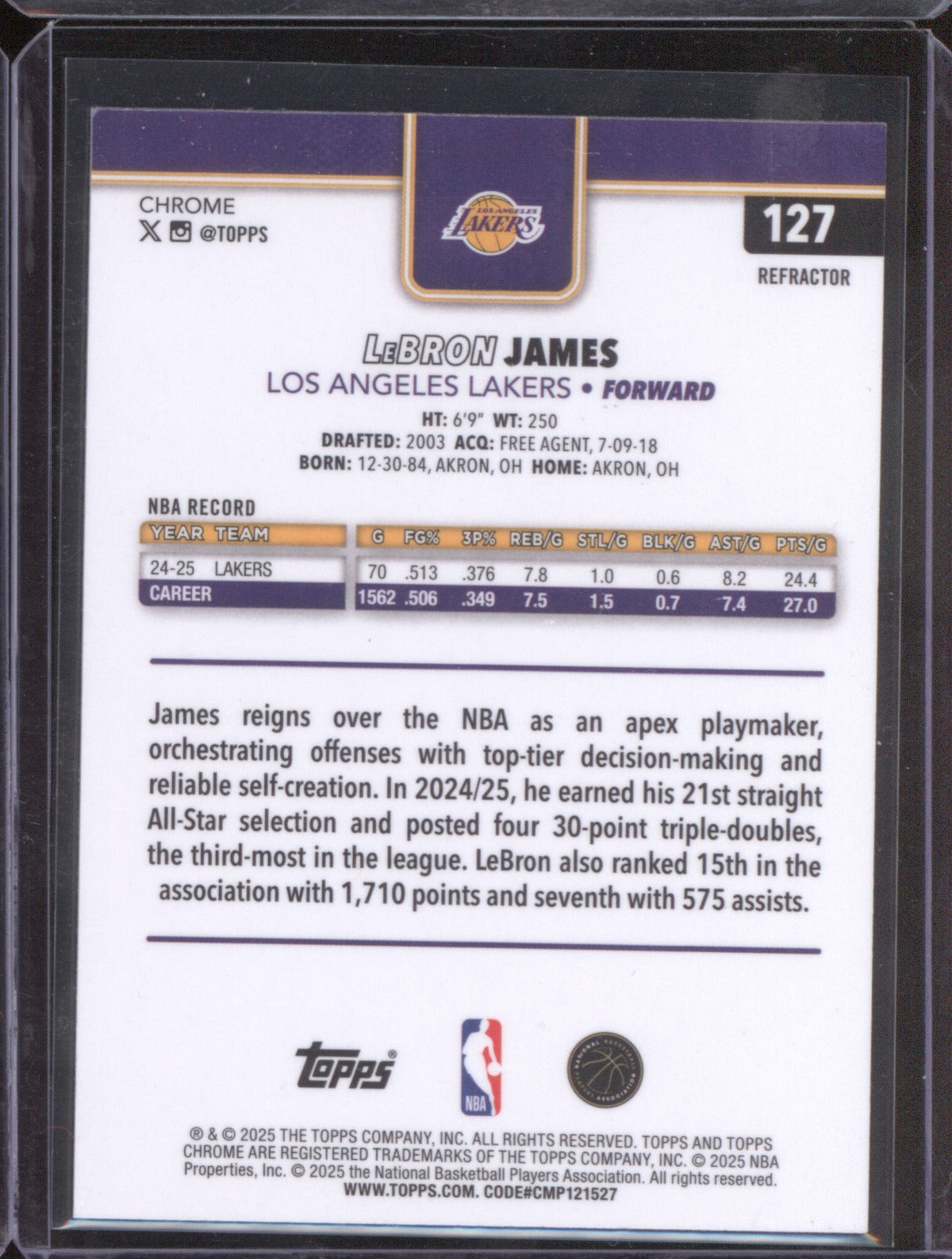 LeBron James 2025-26 Topps Chrome Refractor #127 Lakers