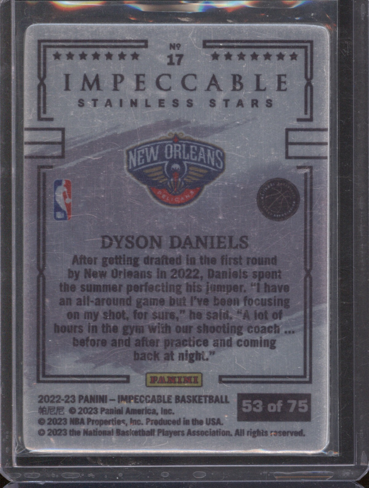Dyson Daniels RC 2022 Panini Impeccable #17 Stainless Stars Blue /75 Pelicans