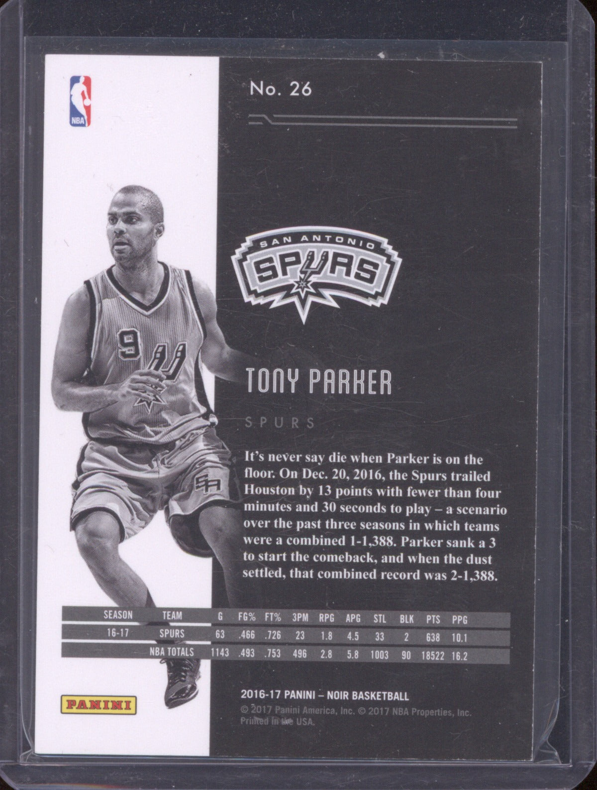 Tony Parker 2016 Panini Noir #26 Black & White /79 Spurs