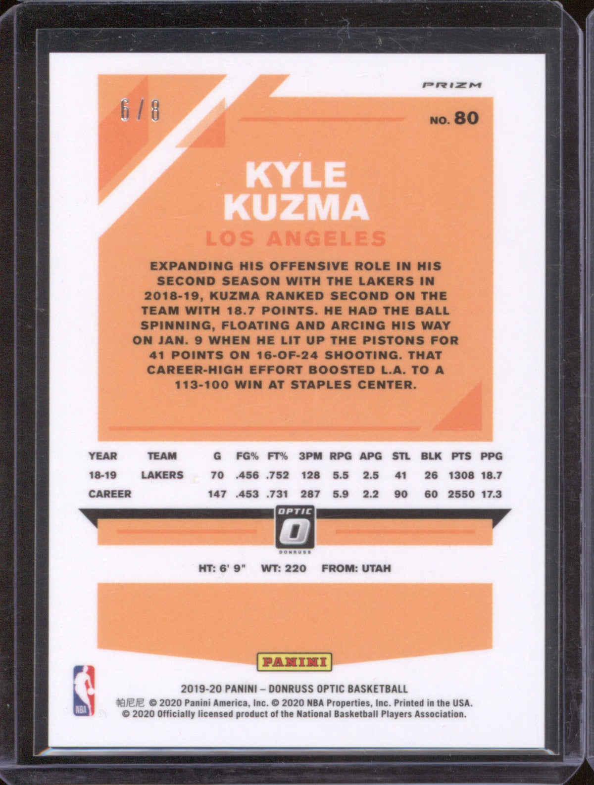 Kyle Kuzma 2019 Donruss Optic #80 Black Gold /8 Lakers