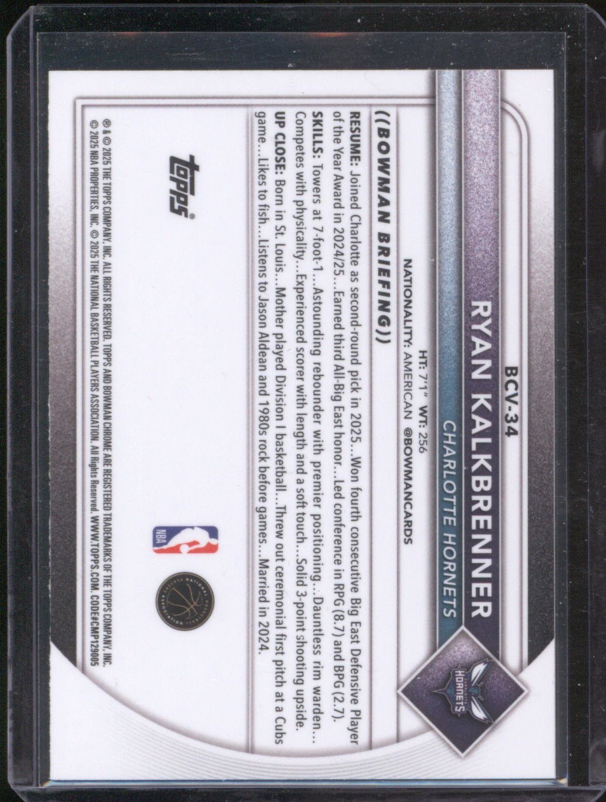 Ryan Kalkbrenner 2025/26 Bowman BCV-34 Chrome Blue Refractor RC 116/150