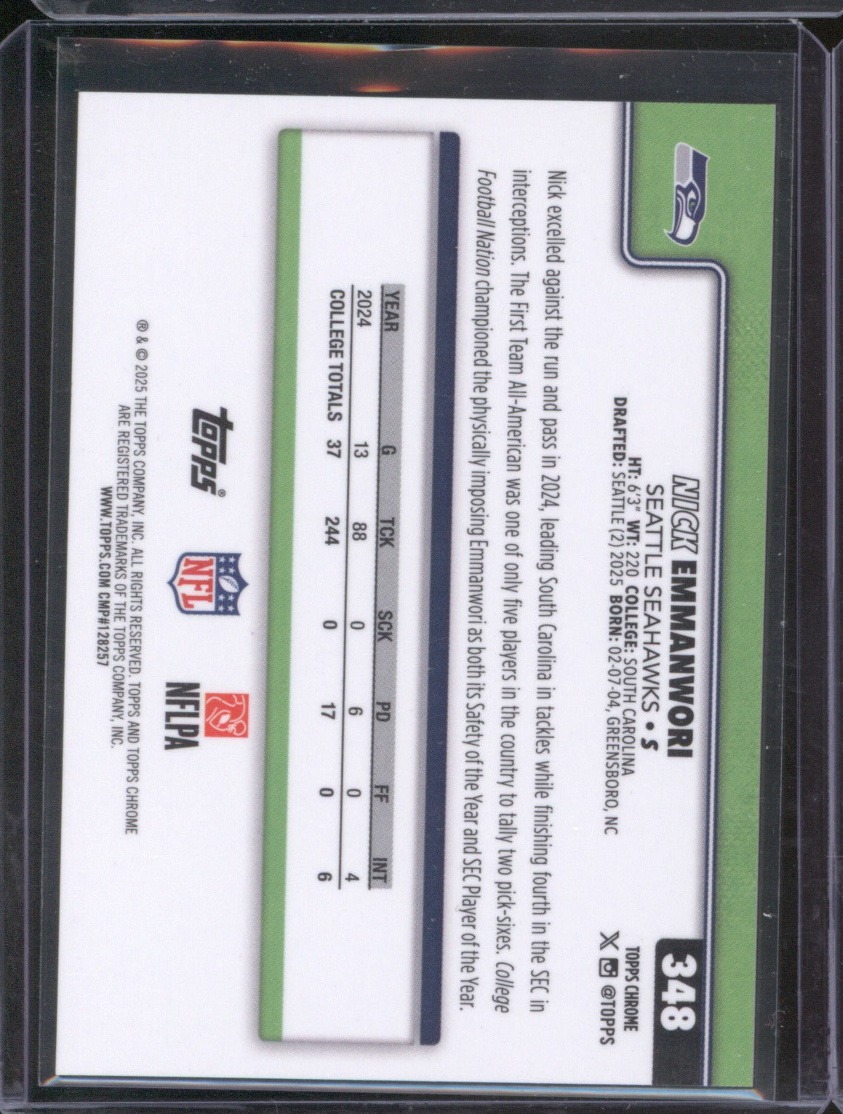 Nick Emmanwori 2025 Topps Chrome 348 Orange Lava 17/25 RC