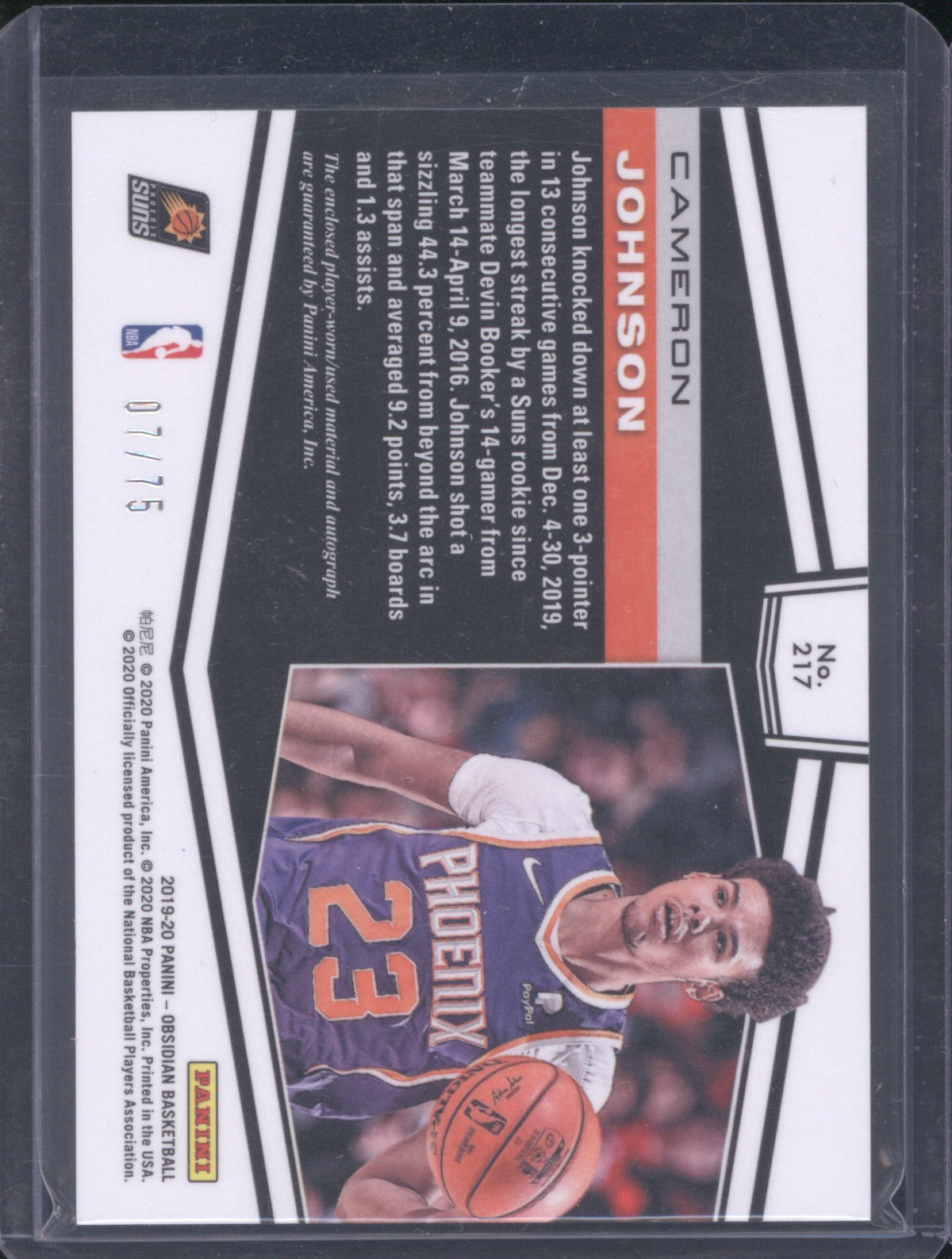 Cameron Johnson 2019 Panini Obsidian Rookie Jersey Auto #217 Purple /75