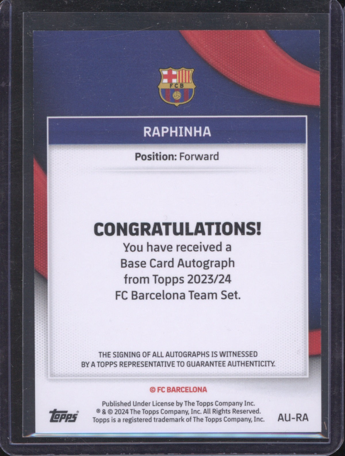 Raphinha 2024 Topps Barcelona Fan Set 2023 Purple Auto /99