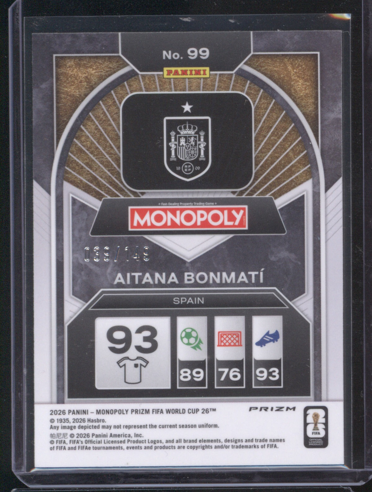 Aitana Bonmatí 2026 Panini FIFA World Cup #99 Monopoly OrangePrizm /149