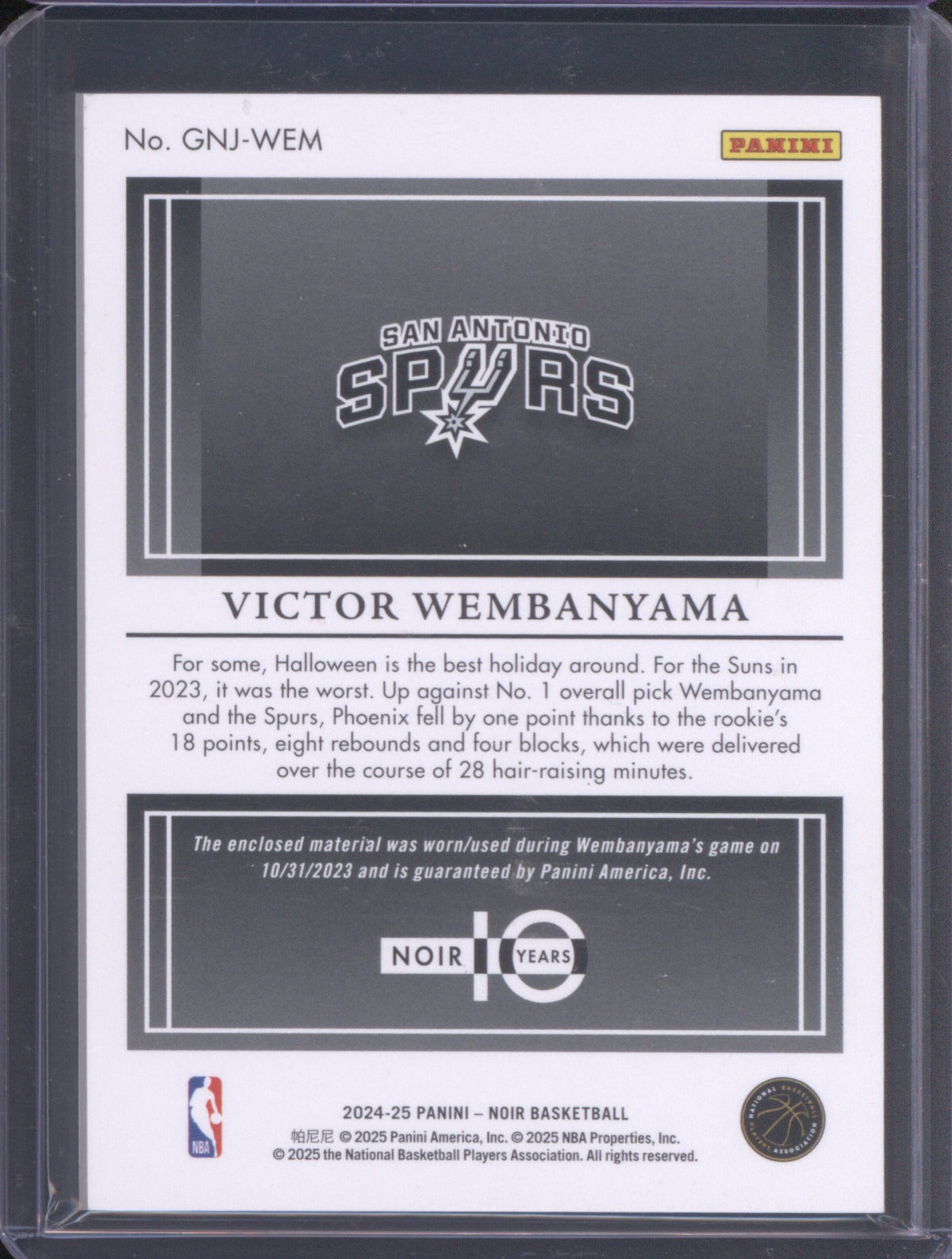 Victor Wembanyama 2024-25 Panini Noir #GNJ-WEM Game Night Jerseys /99
