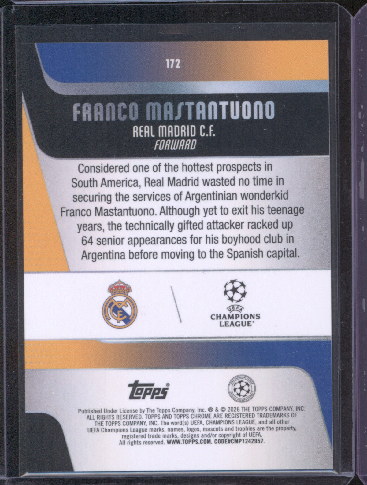 Franco Mastantuono 2025 Topps Chrome UEFA Blue Refractor RC 105/150