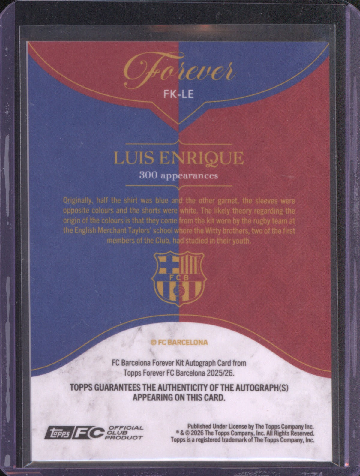 Luis Enrique 2025 Topps Forever Barcelona 21/75 Purple Auto