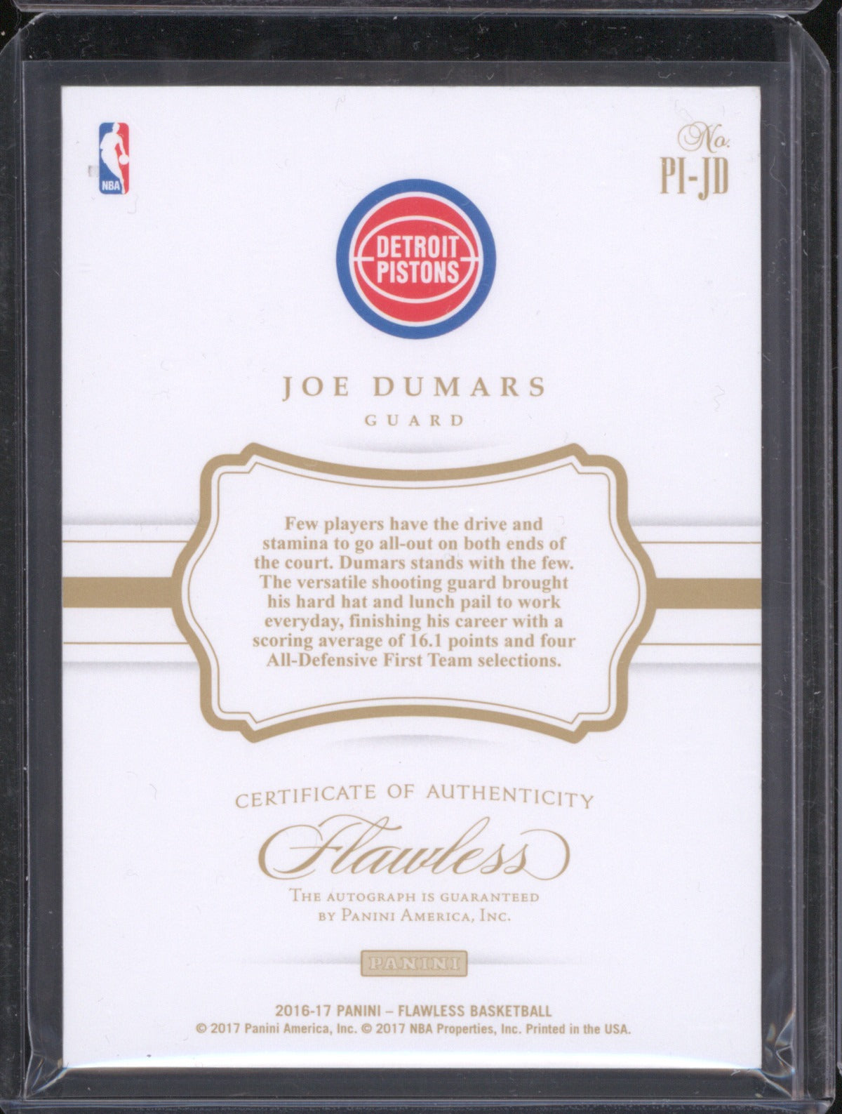 2016-17 Panini Flawless Joe Dumars PI-JD Premium Ink Silver /25
