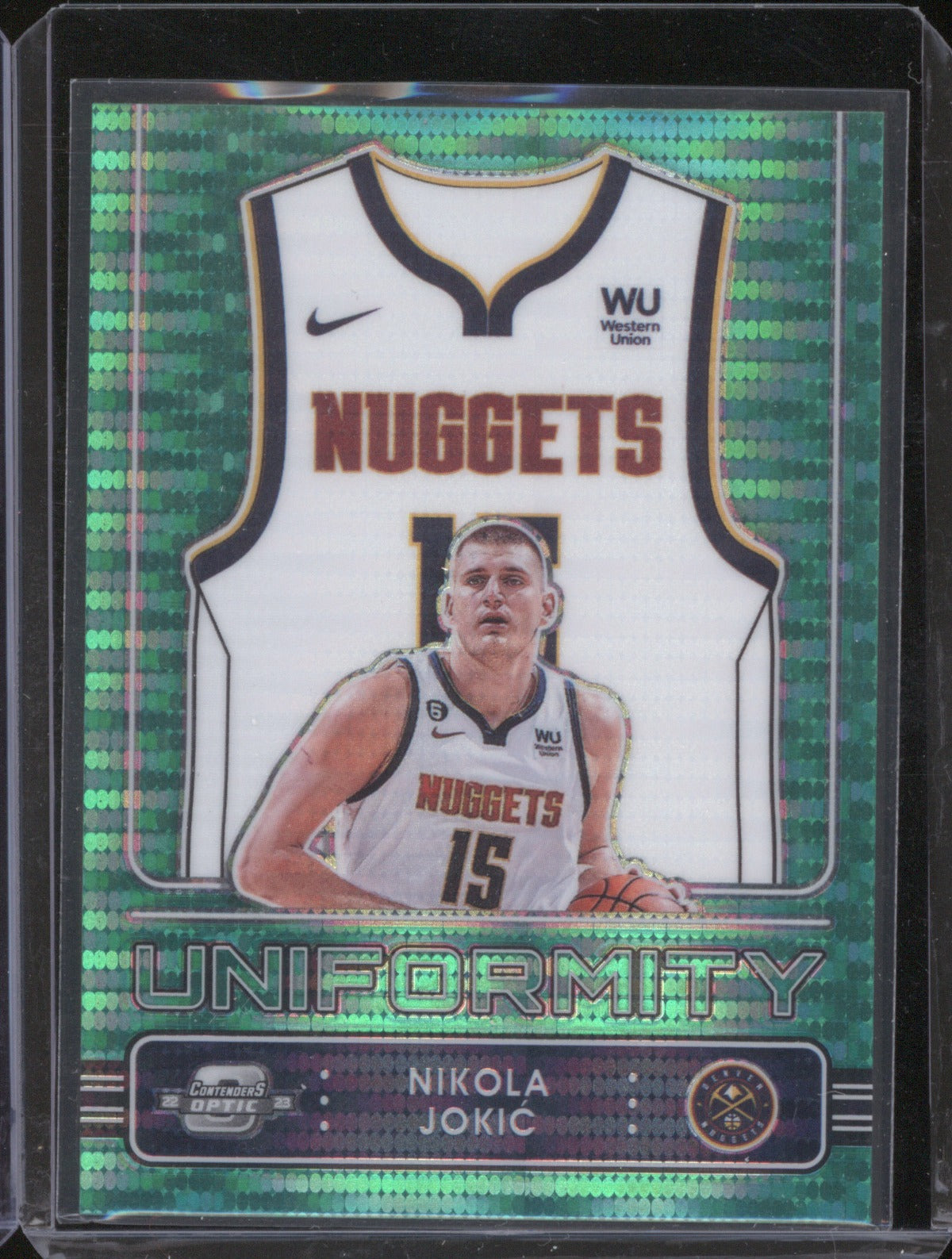 2022-23 Panini Contenders Optic 15 Nikola Jokic Uniformity Green Pulsar /25
