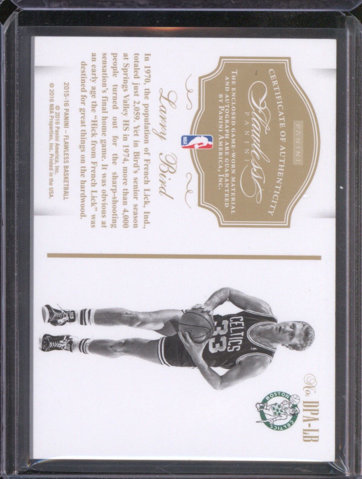 2015-16 Panini Flawless DPA-LB Larry Bird Dual Patch Auto Emerald /5